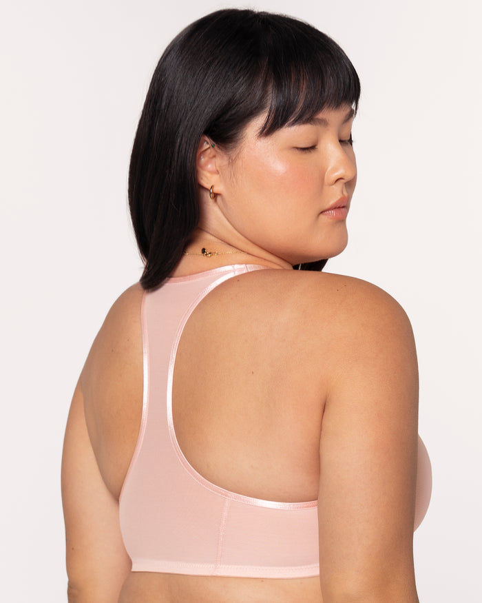 Curvy Couture Sheer Mesh Front-Close Racerback Unlined Bra Blushing Rose