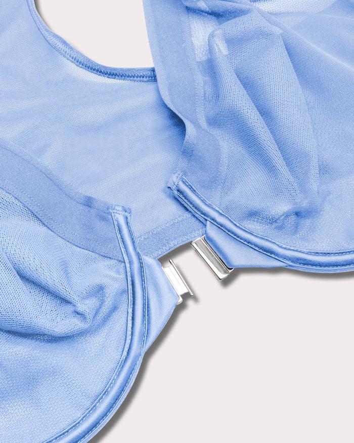 Curvy Couture Sheer Mesh Front-Close Racerback Unlined Bra Denim Blue