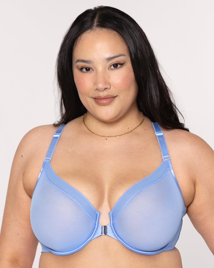curvy couture Sheer Mesh Front-Close Racerback Unlined Bra Denim Blue