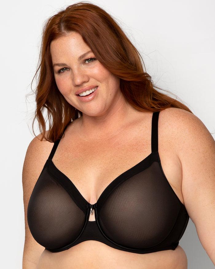 curvy couture Sheer Mesh Full Coverage Unlined Underwire Bra Black Hue