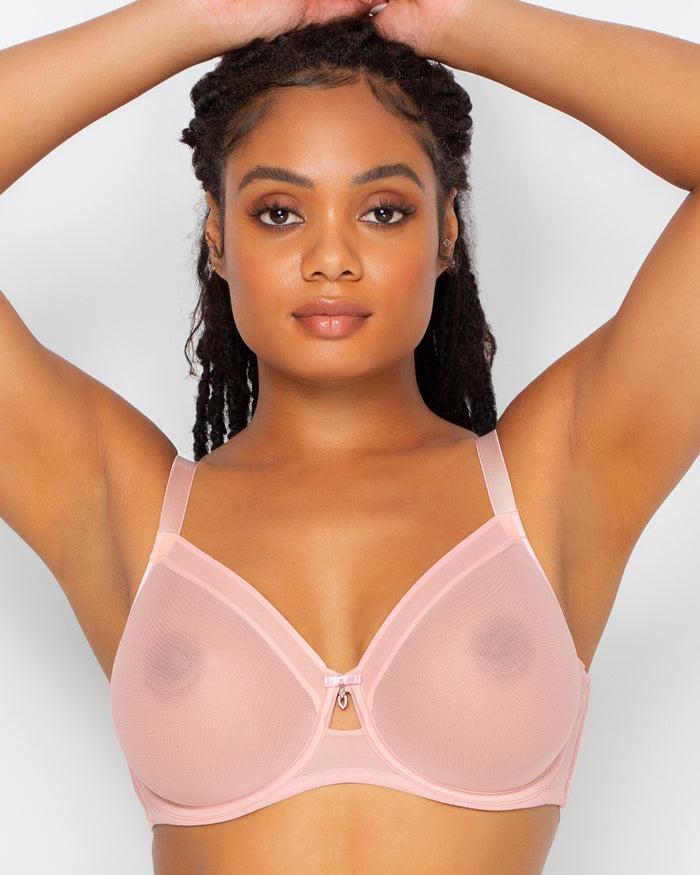curvy couture Sheer Mesh Full Coverage Unlined Underwire Bra Blushing Rose