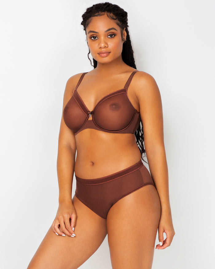 Curvy Couture Sheer Mesh Full Coverage Unlined Underwire Bra Chocolate Nude