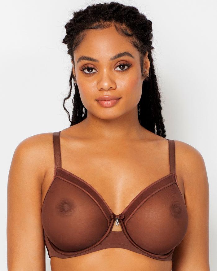curvy couture Sheer Mesh Full Coverage Unlined Underwire Bra Chocolate Nude