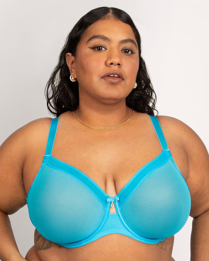 Curvy Couture Sheer Mesh Full Coverage Unlined Underwire Bra Deep Dive Blue