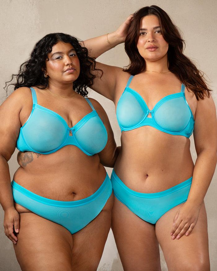 curvy couture Sheer Mesh Full Coverage Unlined Underwire Bra Deep Dive Blue