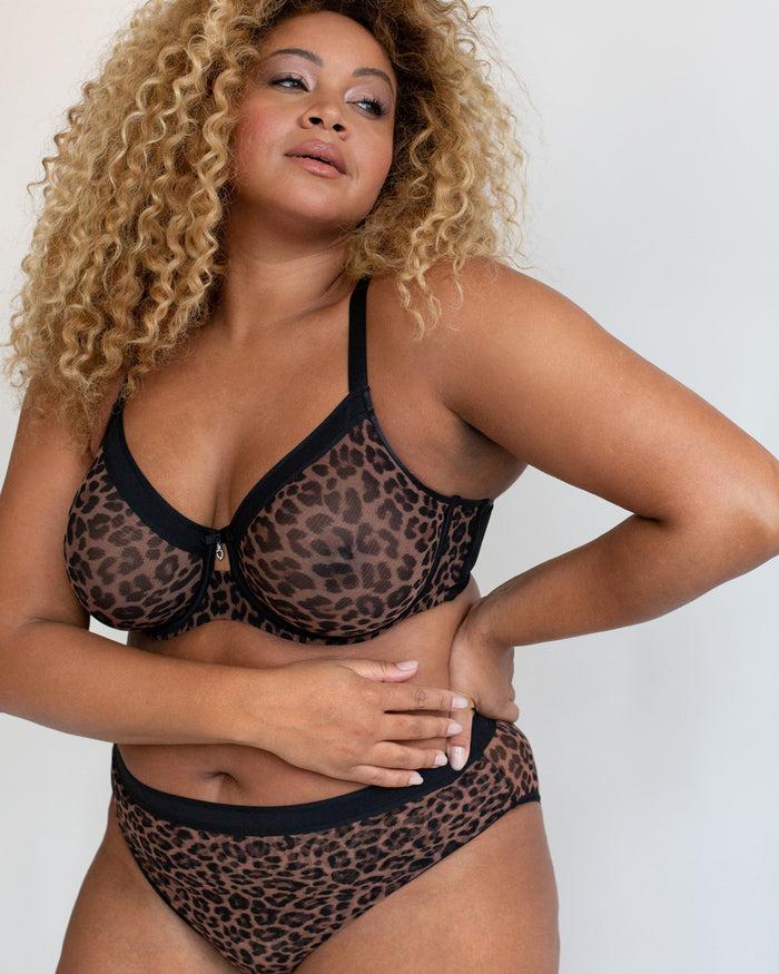 Curvy Couture Sheer Mesh Full Coverage Unlined Underwire Bra Designer Leopard