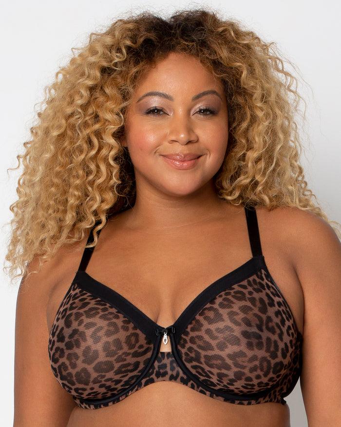 curvy couture Sheer Mesh Full Coverage Unlined Underwire Bra Designer Leopard