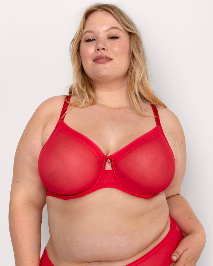 Curvy Couture Sheer Mesh Full Coverage Unlined Underwire Bra Diva Red