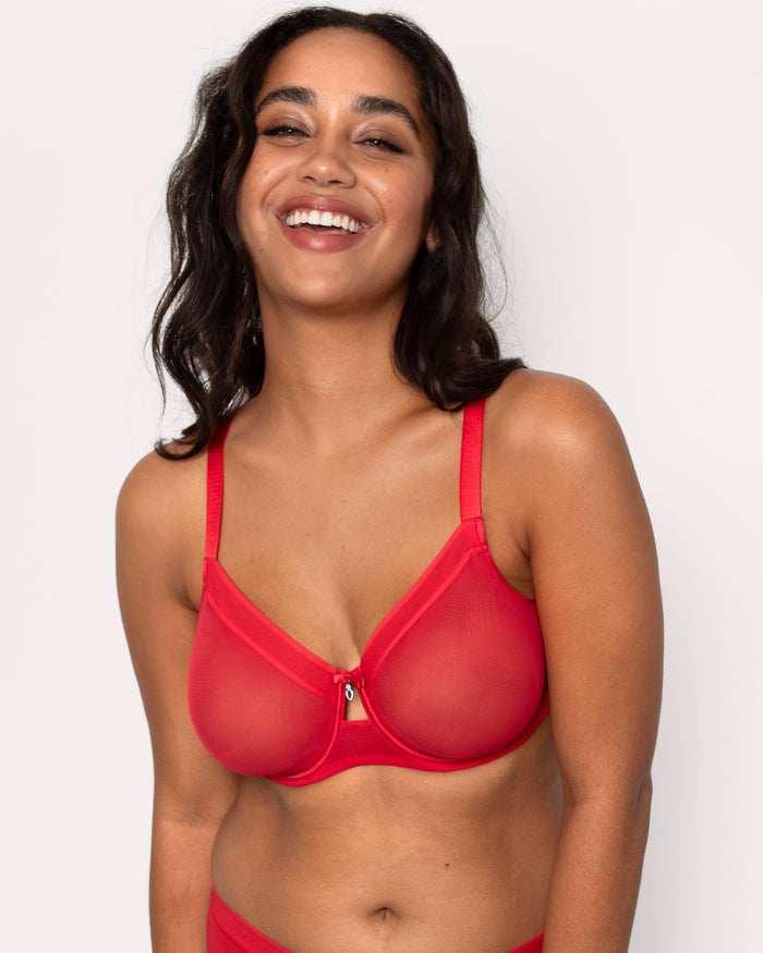curvy couture Sheer Mesh Full Coverage Unlined Underwire Bra Diva Red