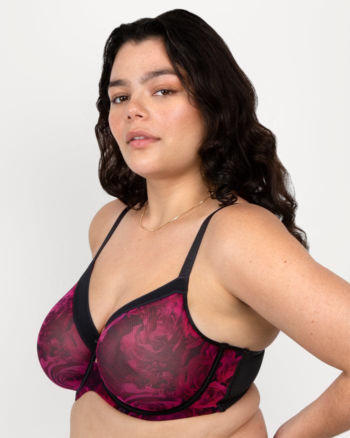 Curvy Couture Sheer Mesh Full Coverage Unlined Underwire Bra Dramatic Roses