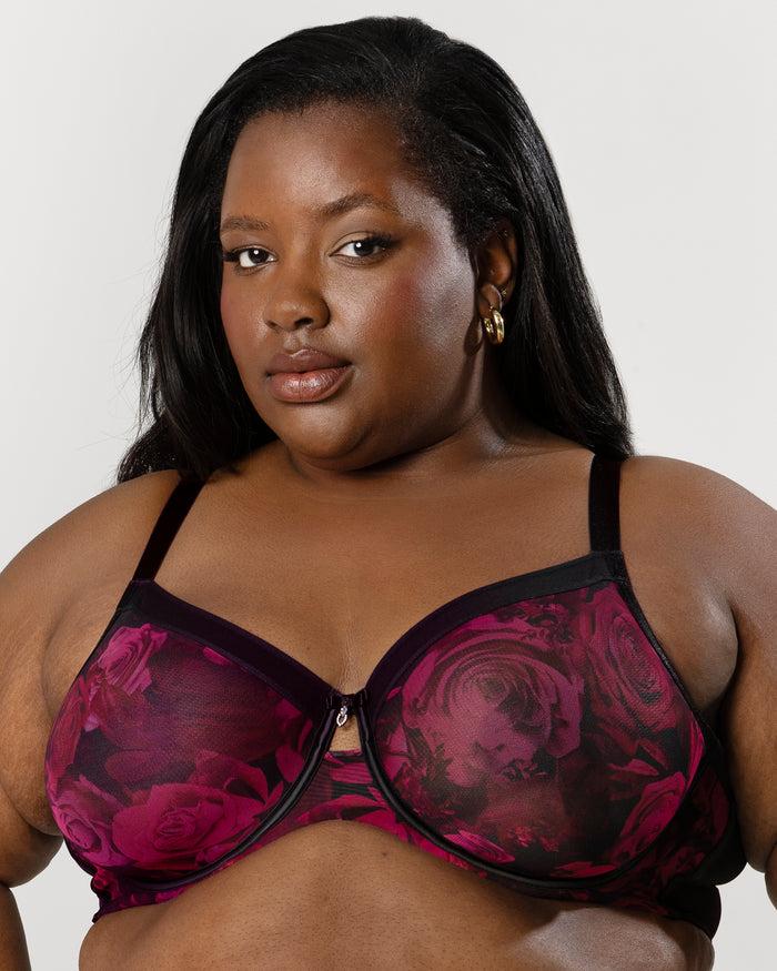 curvy couture Sheer Mesh Full Coverage Unlined Underwire Bra Dramatic Roses
