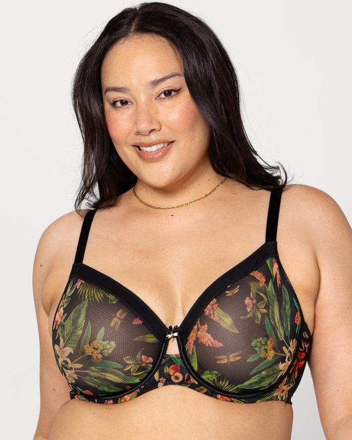 curvy couture Sheer Mesh Full Coverage Unlined Underwire Bra Dragonfly Garden
