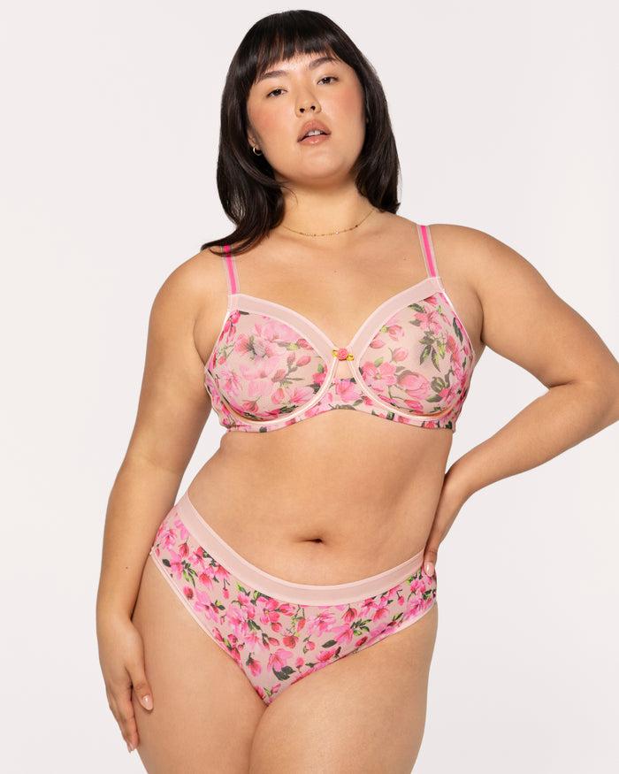 Curvy Couture Sheer Mesh Full Coverage Unlined Underwire Bra In Full Bloom Pink