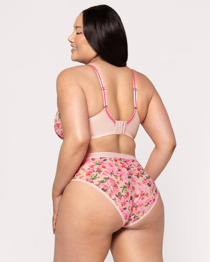 Curvy Couture Sheer Mesh Full Coverage Unlined Underwire Bra In Full Bloom Pink
