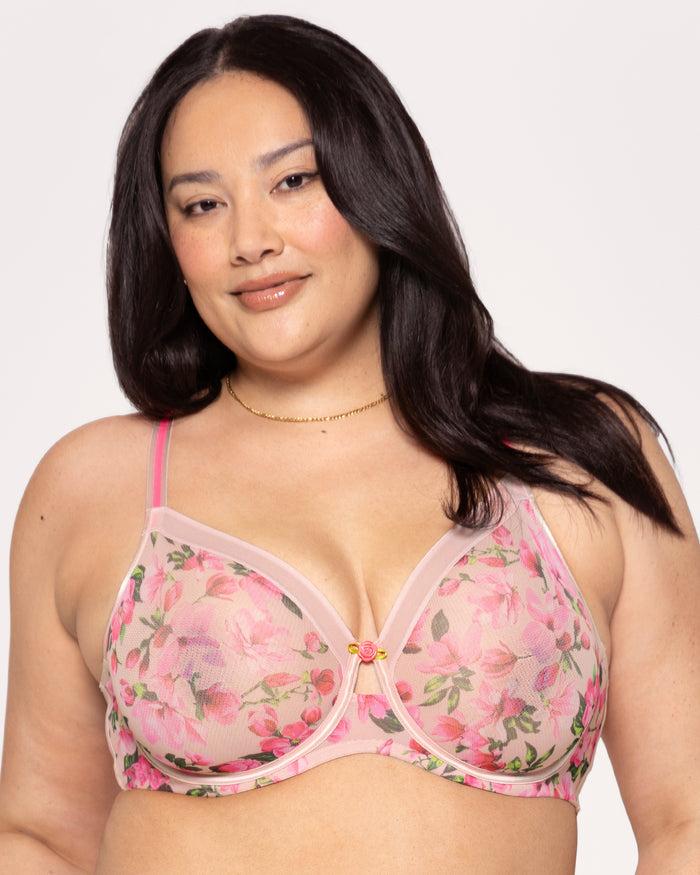 curvy couture Sheer Mesh Full Coverage Unlined Underwire Bra In Full Bloom Pink