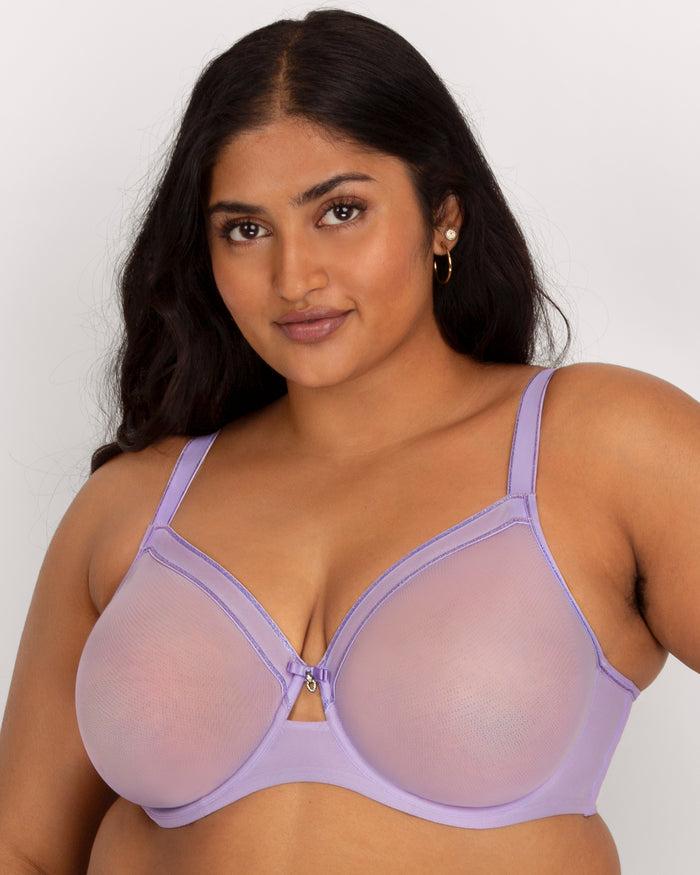 curvy couture Sheer Mesh Full Coverage Unlined Underwire Bra Lavender Shimmer