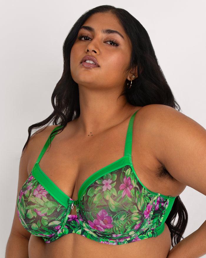curvy couture Sheer Mesh Full Coverage Unlined Underwire Bra Lush Tropics