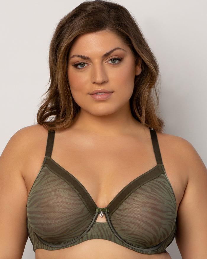 curvy couture Sheer Mesh Full Coverage Unlined Underwire Bra Olive Waves