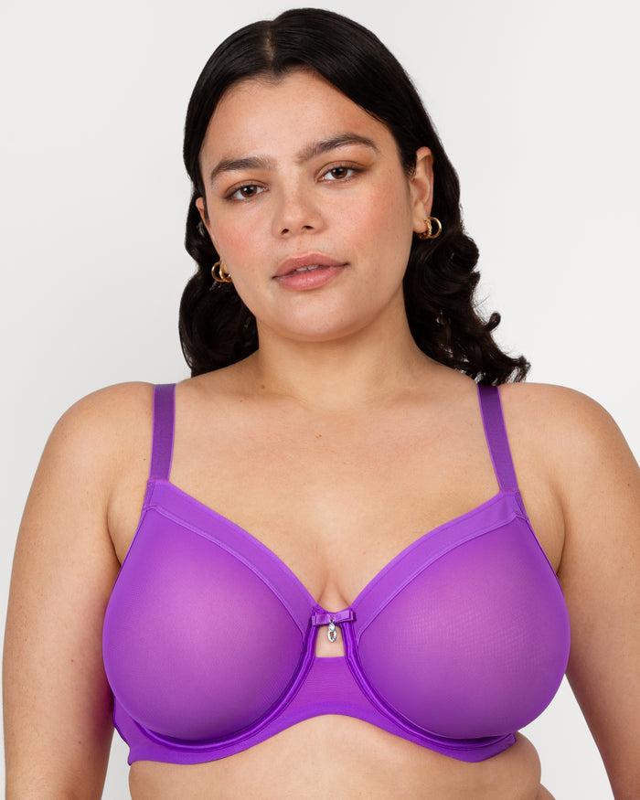 curvy couture Sheer Mesh Full Coverage Unlined Underwire Bra Purple Passion