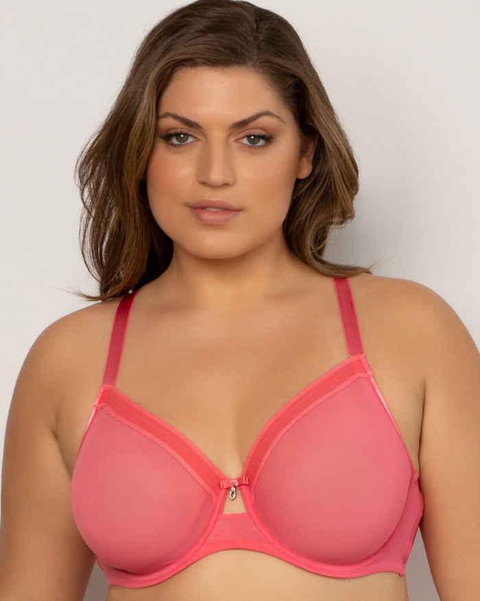 Curvy Couture Sheer Mesh Full Coverage Unlined Underwire Bra Sun Kissed Coral