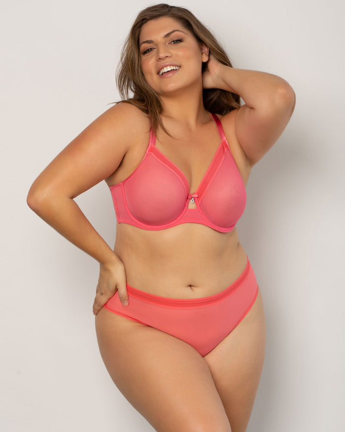 Curvy Couture Sheer Mesh Full Coverage Unlined Underwire Bra Sun Kissed Coral