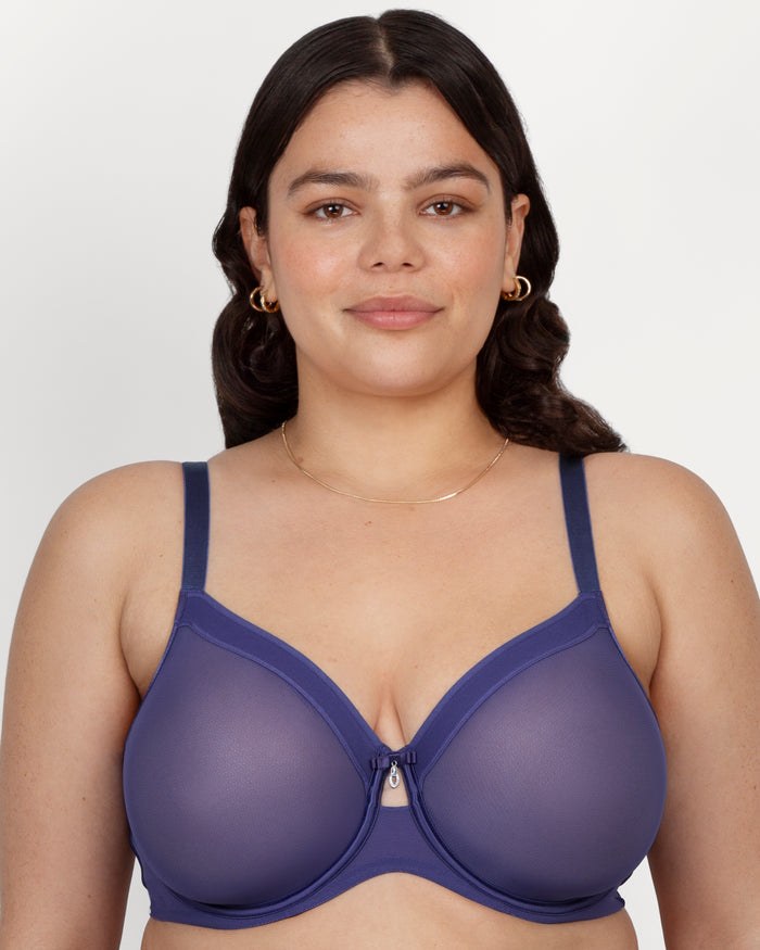 curvy couture Sheer Mesh Full Coverage Unlined Underwire Bra Vintage Blue