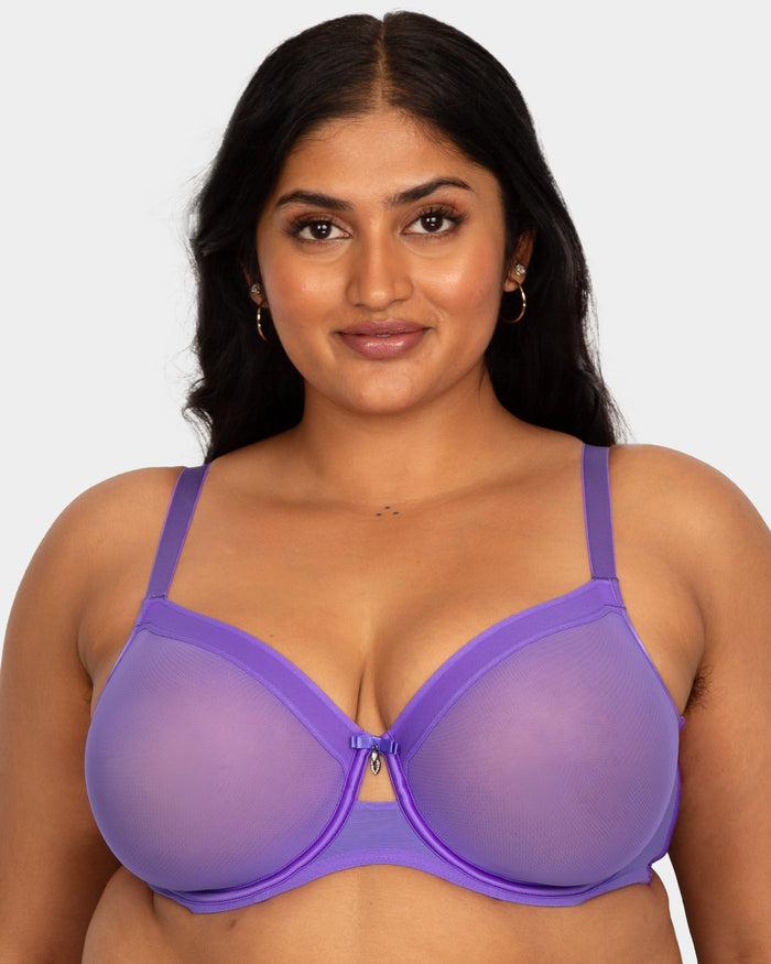 curvy couture Sheer Mesh Full Coverage Unlined Underwire Bra Violet