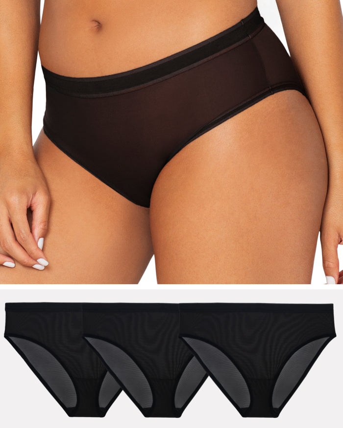 curvy couture Sheer Mesh High Cut Brief 3 Pack Black/Black/Black