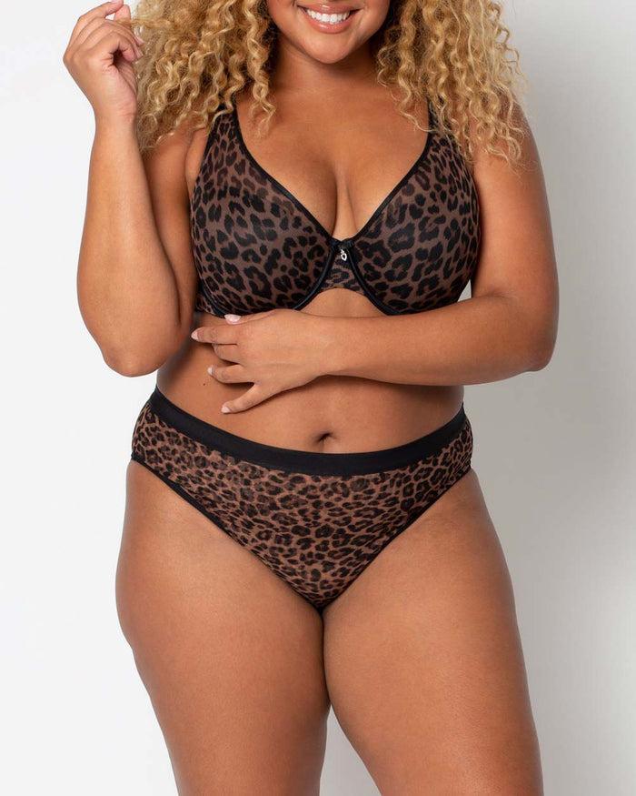 curvy couture Sheer Mesh High Cut Brief Designer Leopard