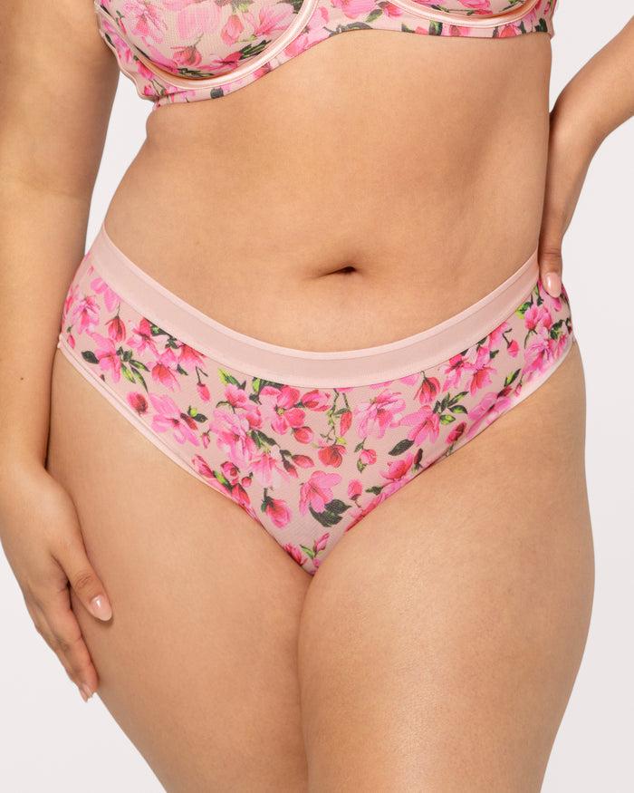 Curvy Couture Sheer Mesh High Cut Brief Panty In Full Bloom Pink