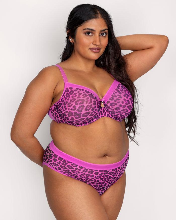 Curvy Couture Sheer Mesh High Cut Brief Pink Leopard