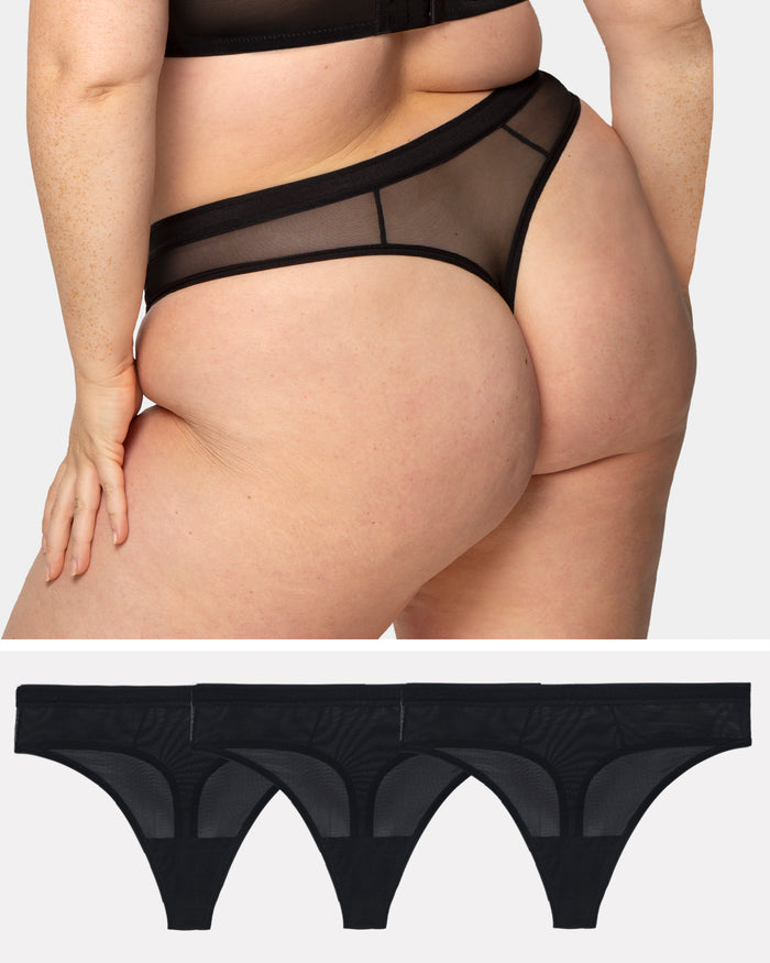 curvy couture Sheer Mesh High Cut Thong 3 Pack Black/Black/Black