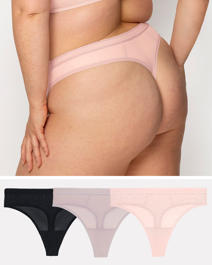 curvy couture Sheer Mesh High Cut Thong 3 Pack Black/Blushing/Bark