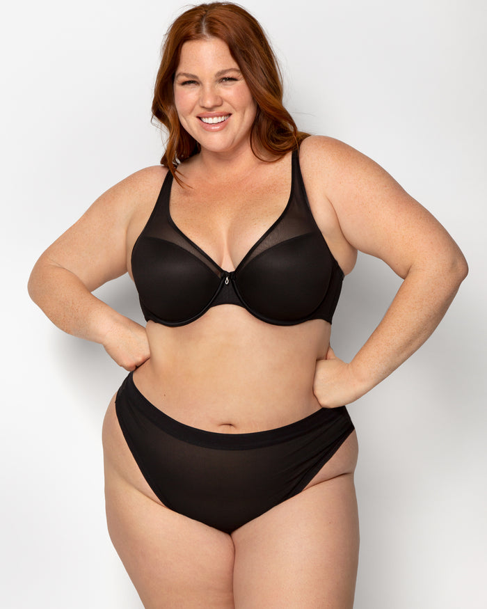 Curvy Couture Sheer Mesh High Cut Thong 3 Pack Black/Flirt/Black