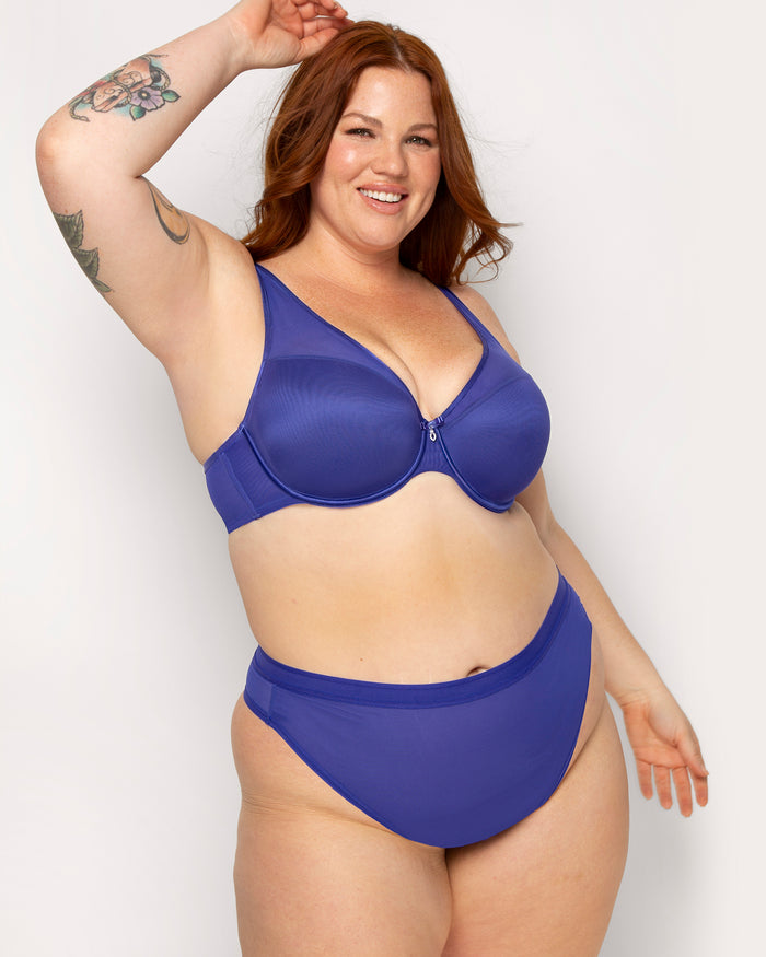 curvy couture Sheer Mesh High Cut Thong Cosmic Blue