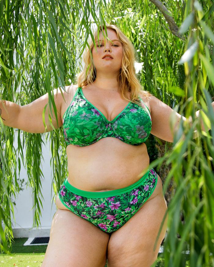 Curvy Couture Sheer Mesh High Cut Thong Lush Tropics