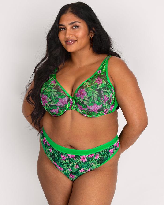 Curvy Couture Sheer Mesh High Cut Thong Lush Tropics