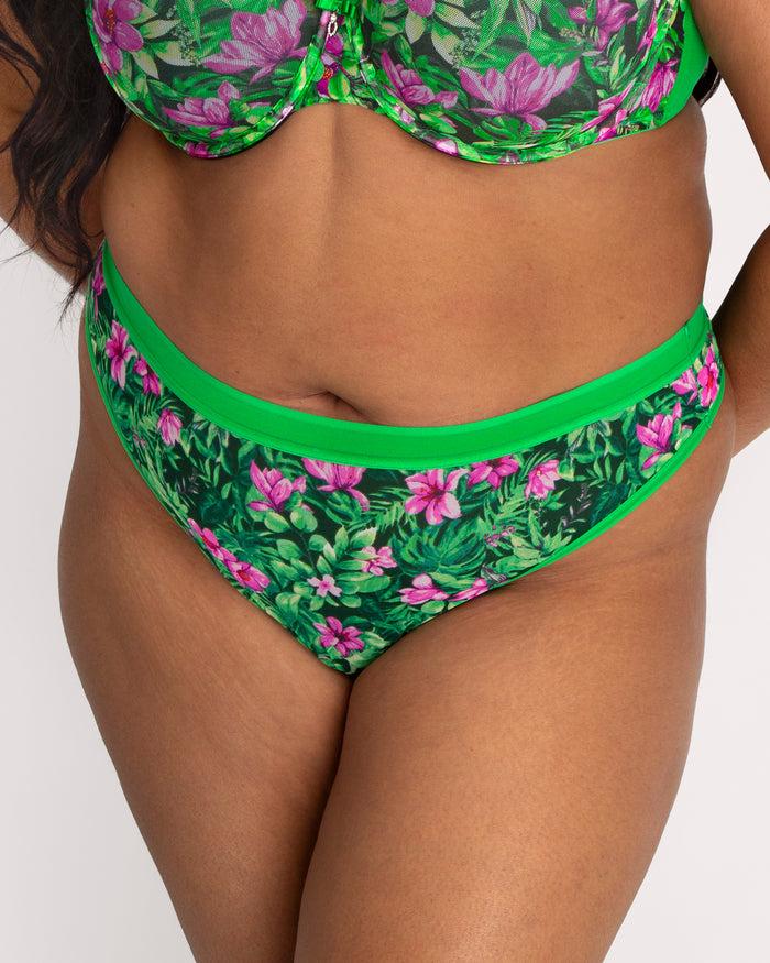 curvy couture Sheer Mesh High Cut Thong Lush Tropics