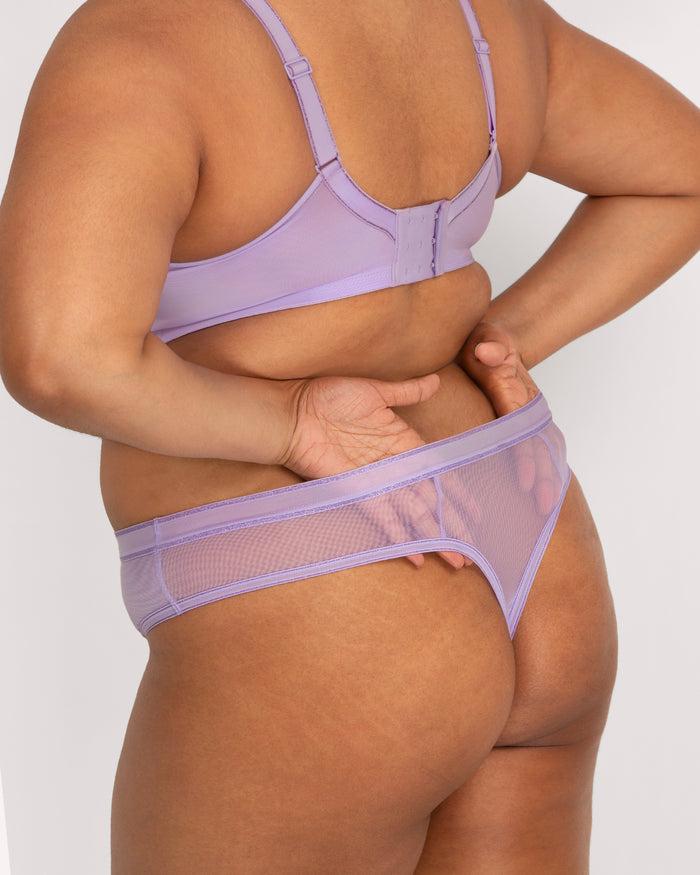 Curvy Couture Sheer Mesh High Cut Thong Panty Lavender Shimmer