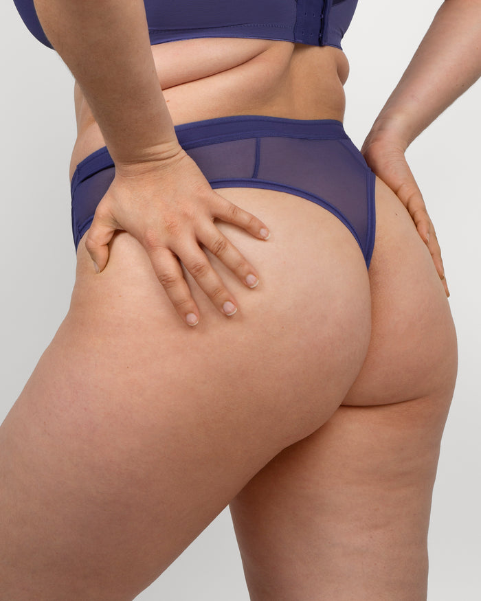 Curvy Couture Sheer Mesh High Cut Thong Vintage Blue