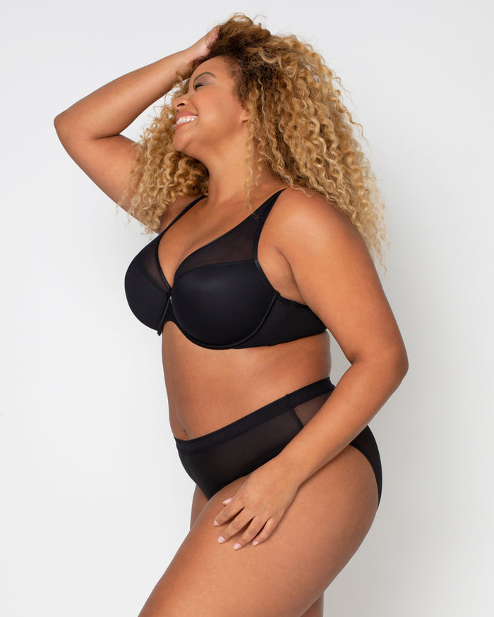 Curvy Couture Sheer Mesh Plunge T-Shirt Bra Black Hue