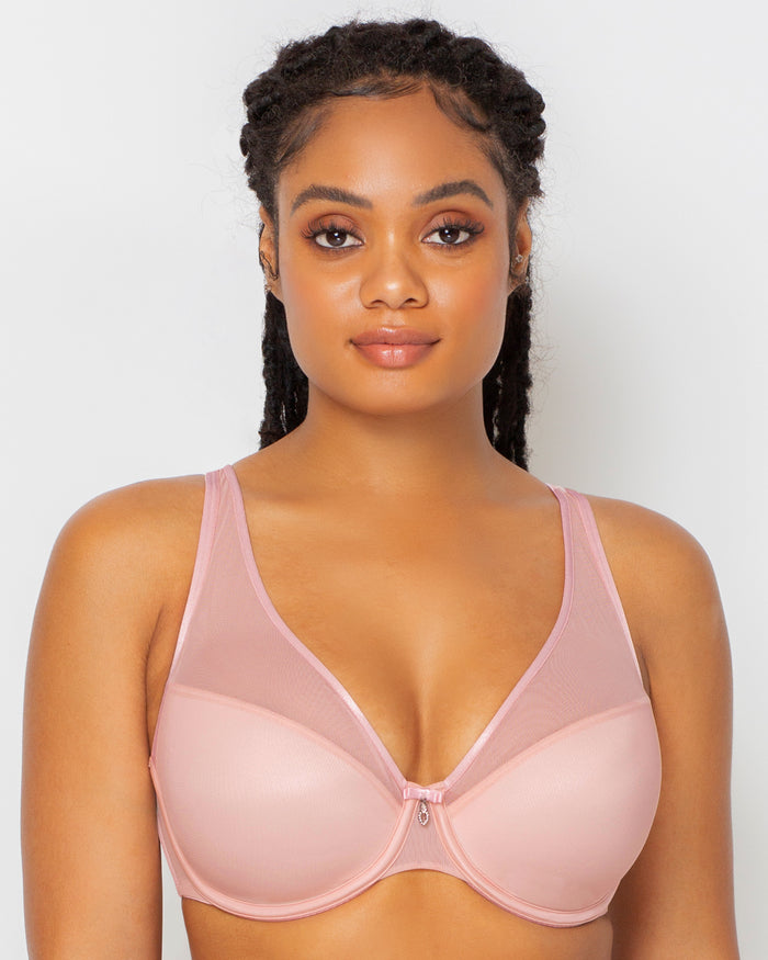 curvy couture Sheer Mesh Plunge T-Shirt Bra Blushing Rose