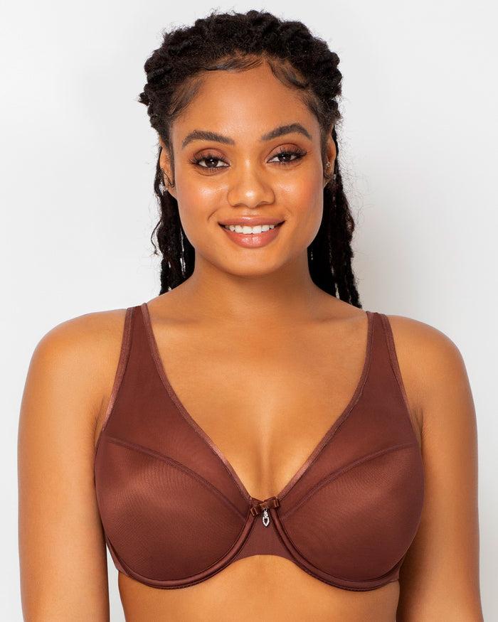 curvy couture Sheer Mesh Plunge T-Shirt Bra Chocolate Nude