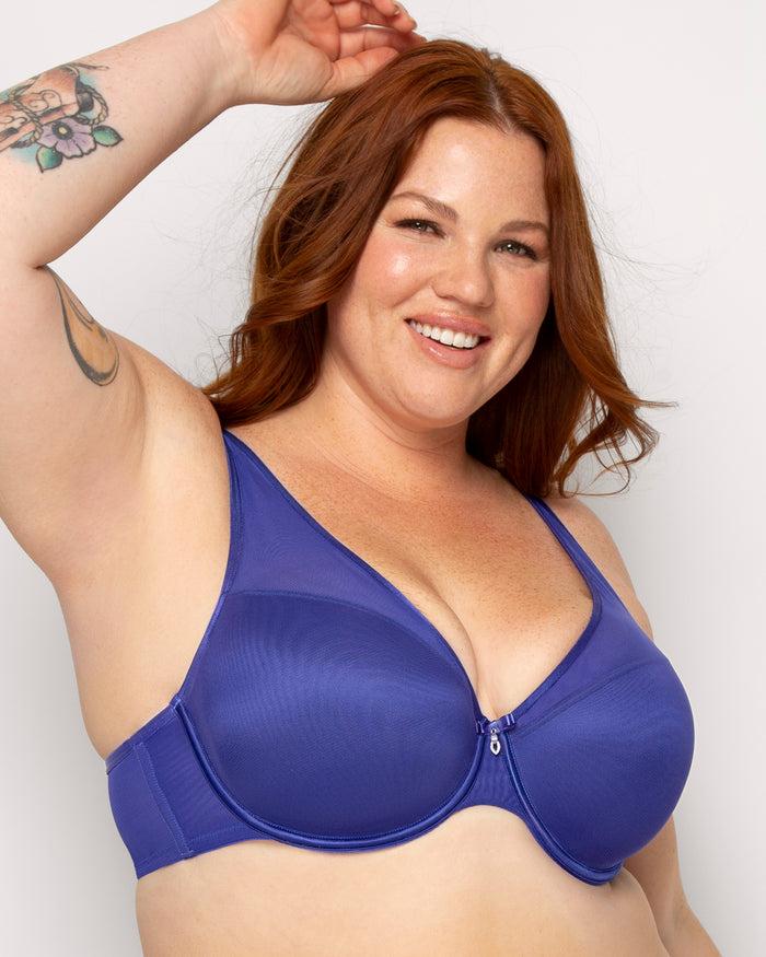 curvy couture Sheer Mesh Plunge T-Shirt Bra Cosmic Blue