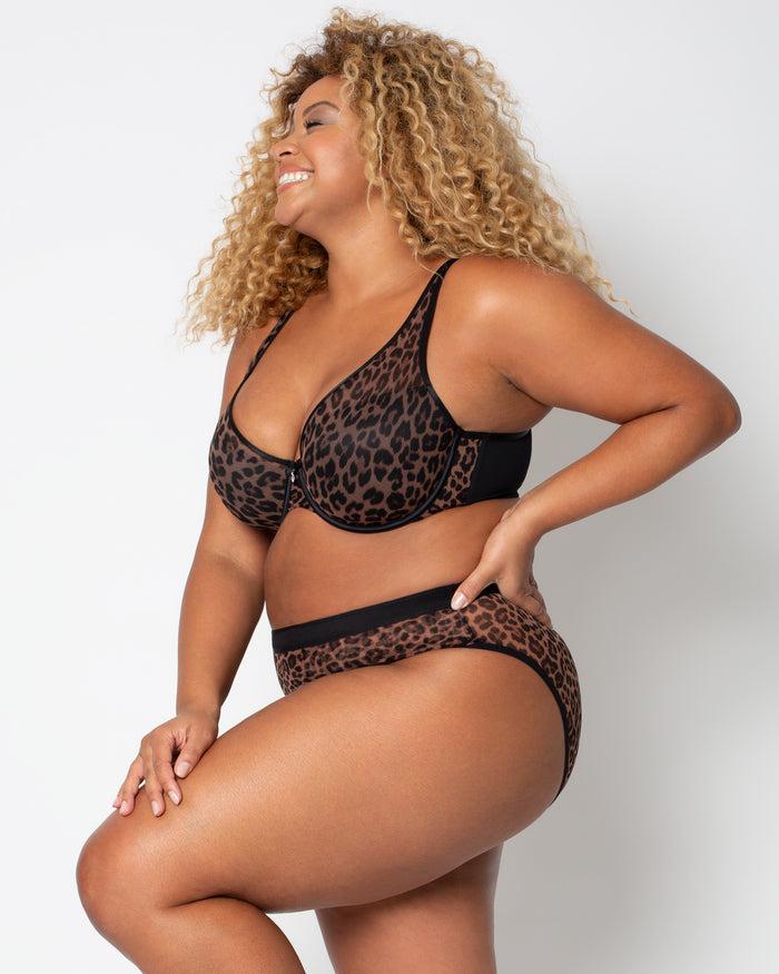 Curvy Couture Sheer Mesh Plunge T-Shirt Bra Designer Leopard