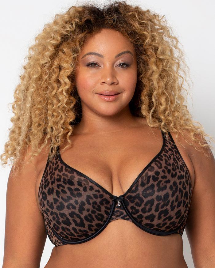 curvy couture Sheer Mesh Plunge T-Shirt Bra Designer Leopard