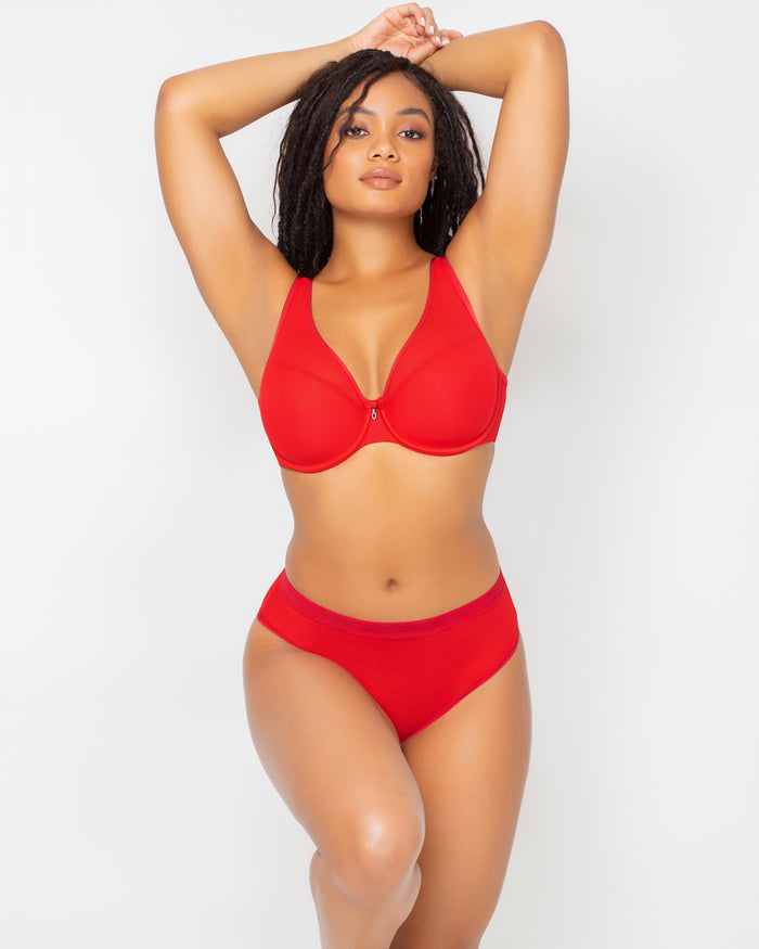 Curvy Couture Sheer Mesh Plunge T-Shirt Bra Diva Red
