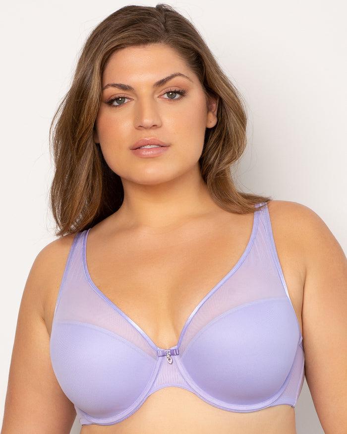 curvy couture Sheer Mesh Plunge T-Shirt Bra Lavender Mist