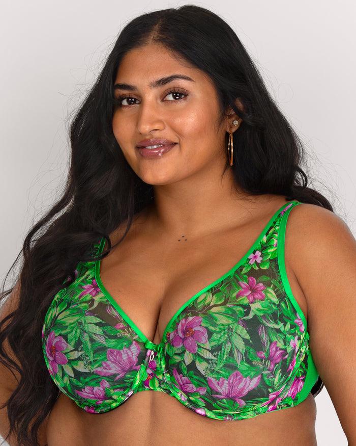 curvy couture Sheer Mesh Plunge T-Shirt Bra Lush Tropics