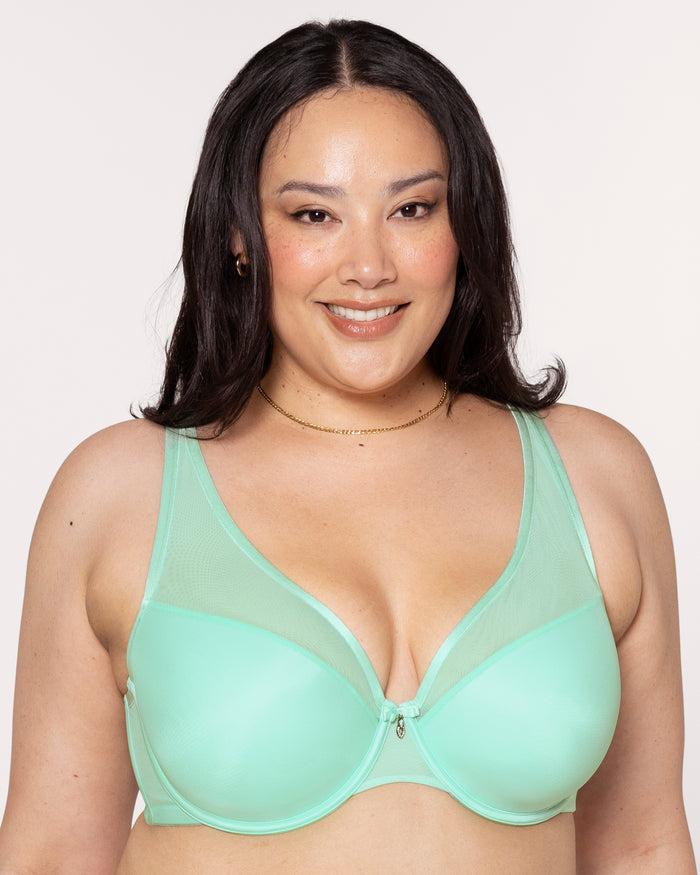 curvy couture Sheer Mesh Plunge T-Shirt Bra Mint Chip